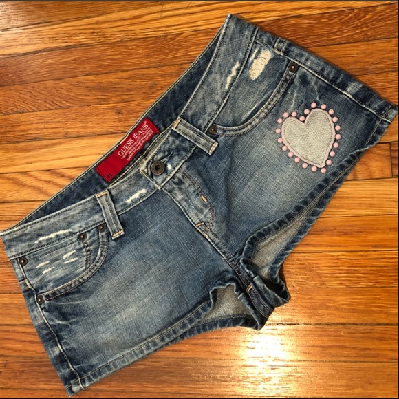 Guess Pants - Guess Heart Embellished Denim Short Shorts